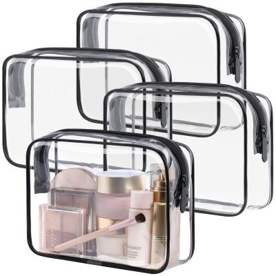 PACKISM Clear Makeup Bags, 4 Pack Quart Size Travel Bag TSA ApprovedTravel for Toiletries, Cosmetic Bags Carry on Clear Toiletry TSA Approved Toiletry, Black