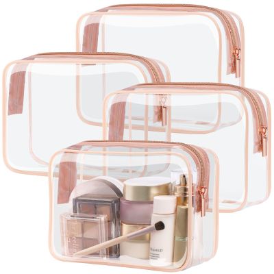 PACKISM Clear Makeup Bag 4 Medium - TSA Approved Toiletry Bag Waterproof Quart Size Travel Bag, Clear Cosmetic Bag for Women, Carry on Airport Airline Compliant Bag, Rose Pink
