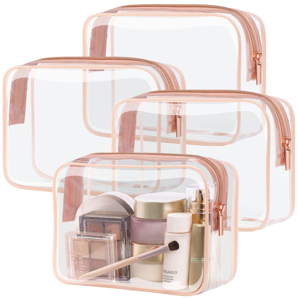PACKISM Clear Makeup Bag 4 Medium - TSA Approved Toiletry Bag Waterproof Quart Size Travel Bag, Clear Cosmetic Bag for Women, Carry on Airport Airline Compliant Bag, Rose Pink