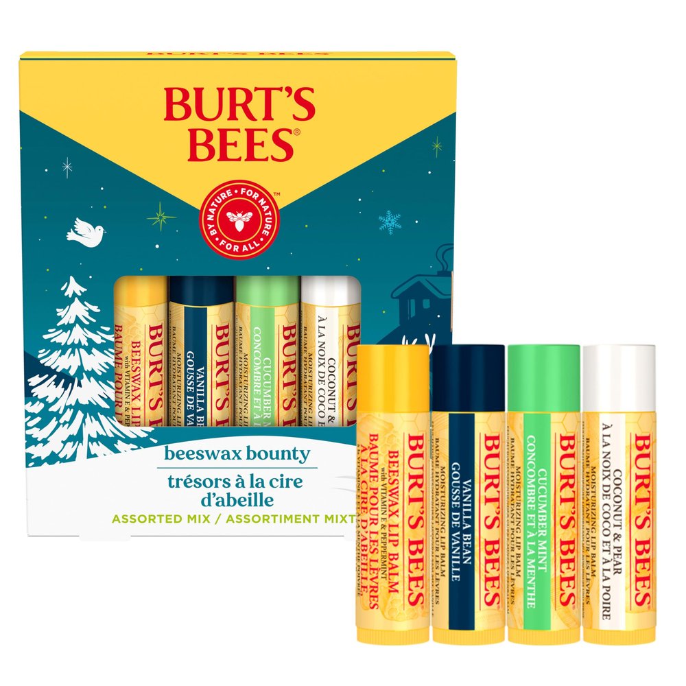 Burt's Bees Christmas Gifts, 4 Lip Balm Stocking Stuffers Products, Assorted Mix Set - Classic Beeswax, Vanilla, Cucumber Mint & Coconut and Pear (4-Pack)