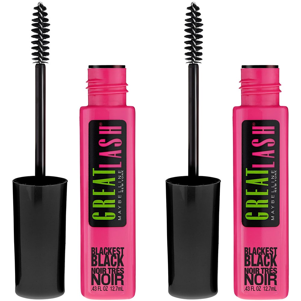 Maybelline Great Lash Washable Mascara Makeup, Volumizing Lash-Doubling Formula That Conditions As It Thickens, Blackest Black, 2 Count