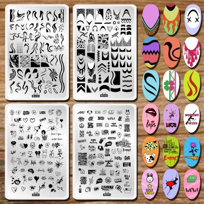 Lips Heart Nail Stamping Plate Kits 4pcs Big Size Swirl French Line Nail Stamping Plates French Tip Nail Stamp Plate Ghost Geometric Wave Stripes Snake Flower Nail Art Stamp Stencils Printing Template