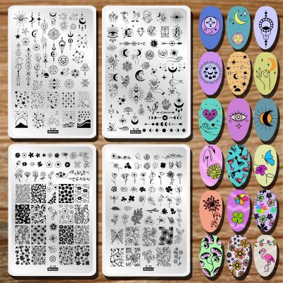 Flowers Leaf Stamping Plates 4pcs Starry Star Moon Design Stamping Plates Nail Art Kit Daisy Flower Flamingo Butterfly Image Nail Stamp Templates Galaxy Night Sky Large Reusable Nail Stencils