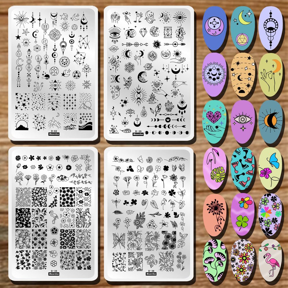 Flowers Leaf Stamping Plates 4pcs Starry Star Moon Design Stamping Plates Nail Art Kit Daisy Flower Flamingo Butterfly Image Nail Stamp Templates Galaxy Night Sky Large Reusable Nail Stencils