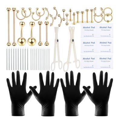 58PCS Body Piercing Kit Surgical Steel 14G 16G BCR CBR Labret Lip Rings Cartilage Daith Earrings Belly Button Rings Nose Septum Piercing Jewelry Needles Gloves Clamps Tools