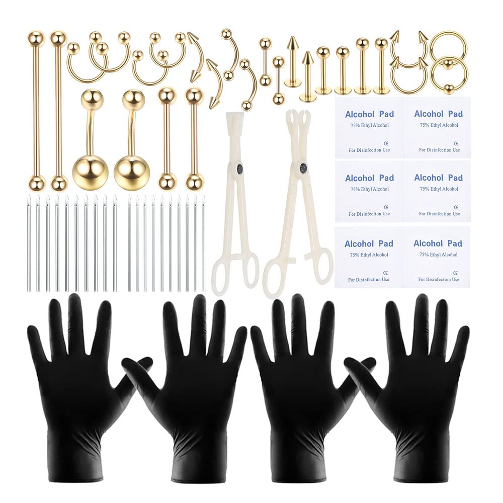 58PCS Body Piercing Kit Surgical Steel 14G 16G BCR CBR Labret Lip Rings Cartilage Daith Earrings Belly Button Rings Nose Septum Piercing Jewelry Needles Gloves Clamps Tools