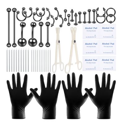 58PCS Body Piercing Kit Surgical Steel 14G 16G BCR CBR Labret Lip Rings Cartilage Daith Earrings Belly Button Rings Nose Septum Piercing Jewelry Needles Gloves Clamps Tools
