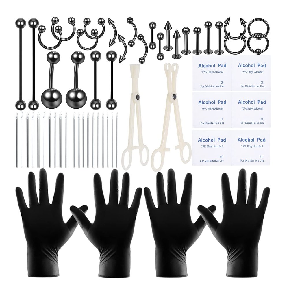 58PCS Body Piercing Kit Surgical Steel 14G 16G BCR CBR Labret Lip Rings Cartilage Daith Earrings Belly Button Rings Nose Septum Piercing Jewelry Needles Gloves Clamps Tools