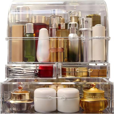 UShioart Clear Large Acrylic Makeup Organizer With Lid Cosmetic Storage Drawers Portable Makeup Organizers Dustproof And Waterproof Box For Women (14in)