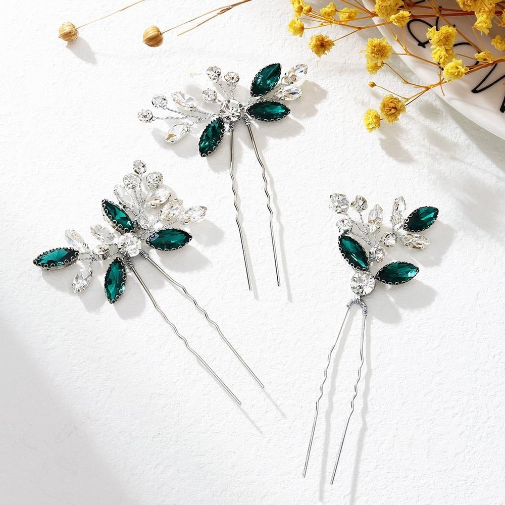 Unicra Bride Wedding Crystal Hair Pins Flower Bridal Hair Pieces Wedding Hair Accessories for Women and Girls Pack of 3 (Green)