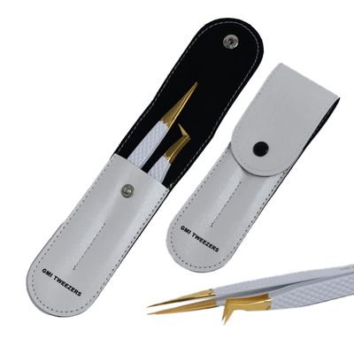 2pcs White Straight and L-Shaped (Boot) Gold Pointed Eyelash Tweezers for Lash Extension - Stainless Steel Precision Tweezers for Volume and Classic Lashes - False Eyelash Extension Kit.
