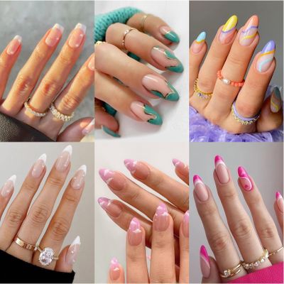 6 Packs (144 Pcs) Press on Nails Medium Design, Misssix Short Fake Nails Almond French Glue on Nails Set with Adhesive Tabs Nail File Acrylic False Nail Kits for Women