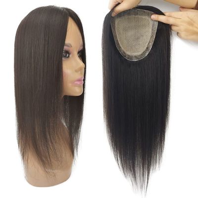 15x16CM European Human Hair Topper Silk Skin Base Toupee With 2 CM PU Around Virgin Hair Extension for Women 6x6Inch Overlay (14inch, 2 Dark Brown)