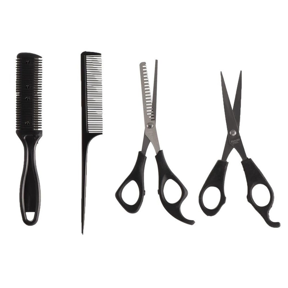 4Pcs Professional Barber Hairdressing Set Hair Cutting Scissors Comb Thinning Shears Flat Teeth Barber Styling Tools black