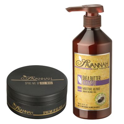 Savannah Hair Therapy Bundle: Shea Butter Shampoo - 16.9 oz (500ml) + Spike Me Up Gel Wax 5.07 Oz (150ml) | For Men & Women