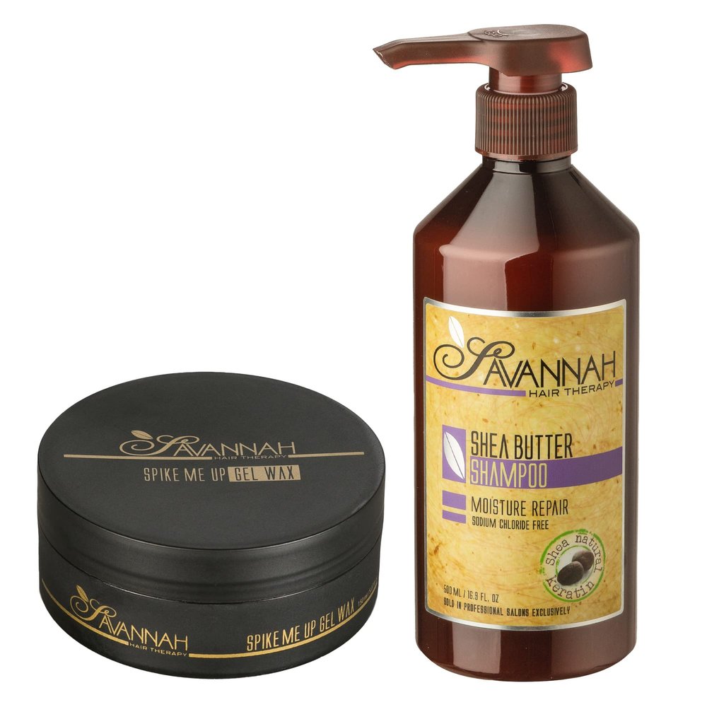 Savannah Hair Therapy Bundle: Shea Butter Shampoo - 16.9 oz (500ml) + Spike Me Up Gel Wax 5.07 Oz (150ml) | For Men & Women