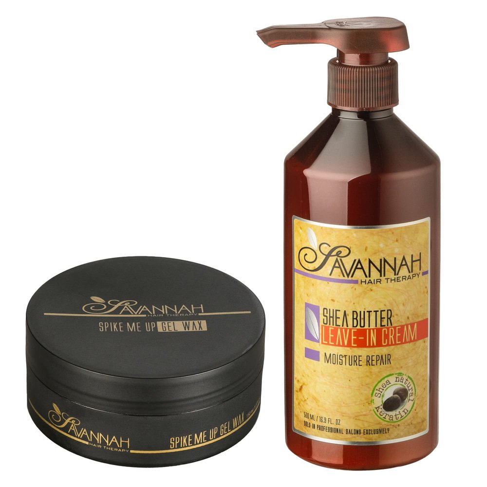 Savannah Hair Therapy Bundle: Leave-in-Cream 16.9 oz (500ml) + Spike Me Up Gel Wax 5.07 Oz (150ml) | For Men & Women
