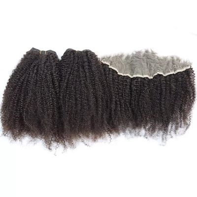 Afro Kinky Curly 3 Bundles + 13x4 Lace Closure Free Part Brazilian Human Hair 4C Curl Pattern Natural Black Color (16 16 16 Frontal 14)
