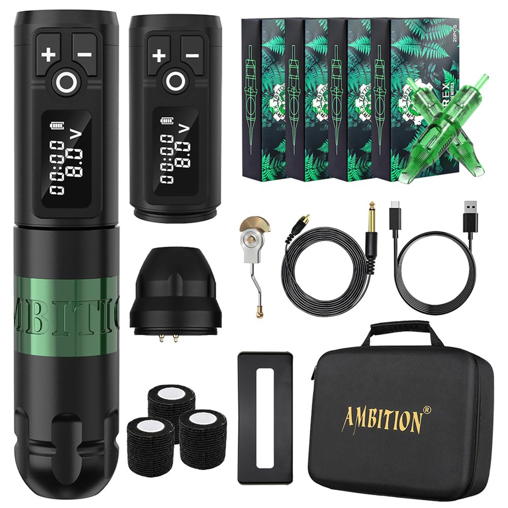 Ambition Soldier Wireless Tattoo Machine Kit Complete Rotary Coreless Motor Tattoo Pen Kit with Extra 2400mAh Battery 80pcs TREX Mixed Size Cartridge Needles Supply for Professional Tattoo Artist