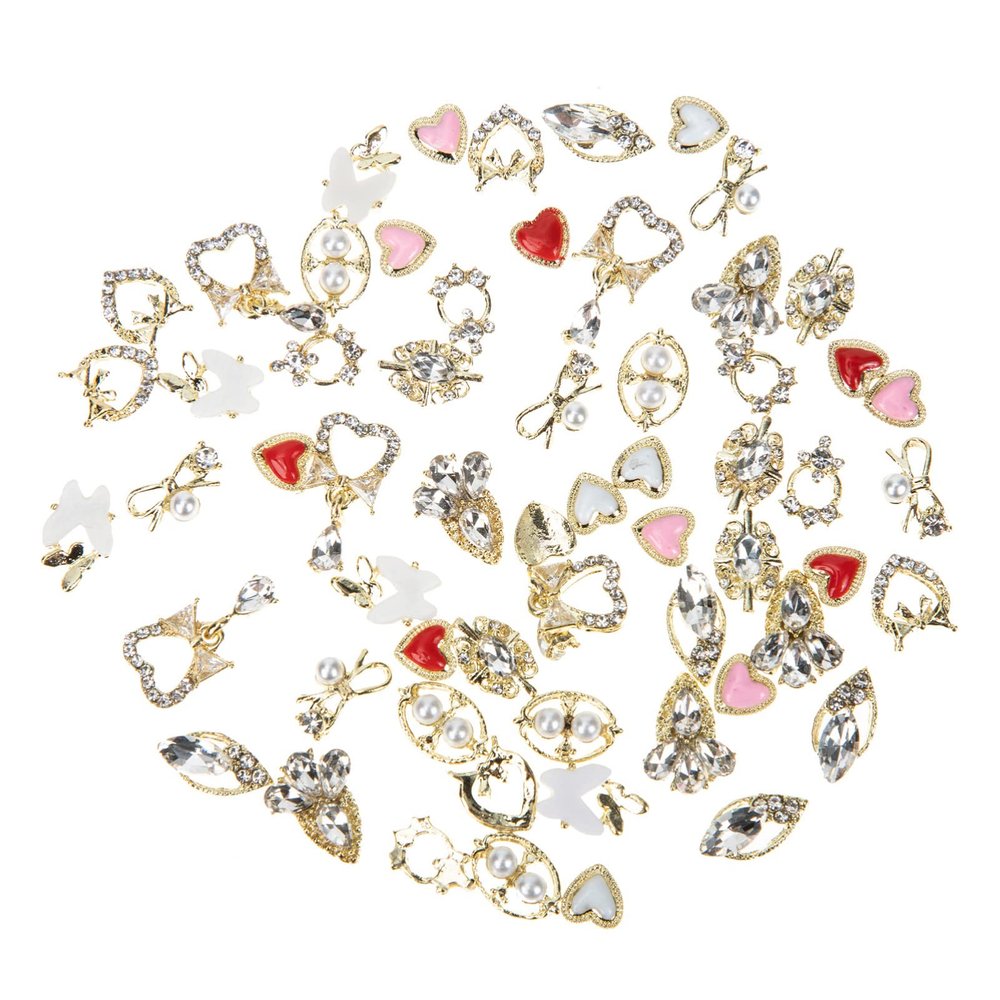 FOMIYES Pearl Jewelry 60pcs Nail Jewelry Rhinestones 3 Nail Charms Dangle Nail Gems Metal Nail Studs Decals Baroque Nail Art Decoration for Women DIY Nail Designs Supplies Heart Ornament