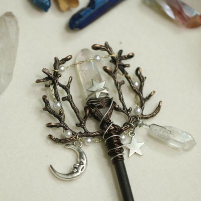 Aurorad Handmade Crafts Vintage Moon Stars Crystal Hairpin Branch White Quartz Hair Stick Special Bridal Wedding Gift (Metal Color : Light Yellow Gold Color)