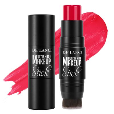 Dark Red Cream Blush Stick, DE'LANCI Red Blush for Black Women Girls, Lightweight Natural Glow Blendable Blusher Stick for cheeks, Long Lasting Waterproof Cream Blusher+ Brush for Face, Lip, Eyes #2