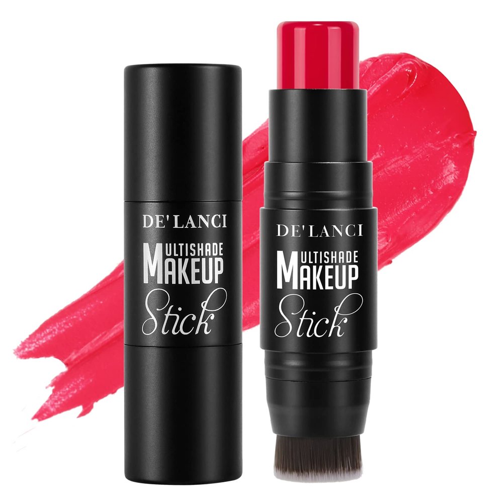 Dark Red Cream Blush Stick, DE'LANCI Red Blush for Black Women Girls, Lightweight Natural Glow Blendable Blusher Stick for cheeks, Long Lasting Waterproof Cream Blusher+ Brush for Face, Lip, Eyes #2