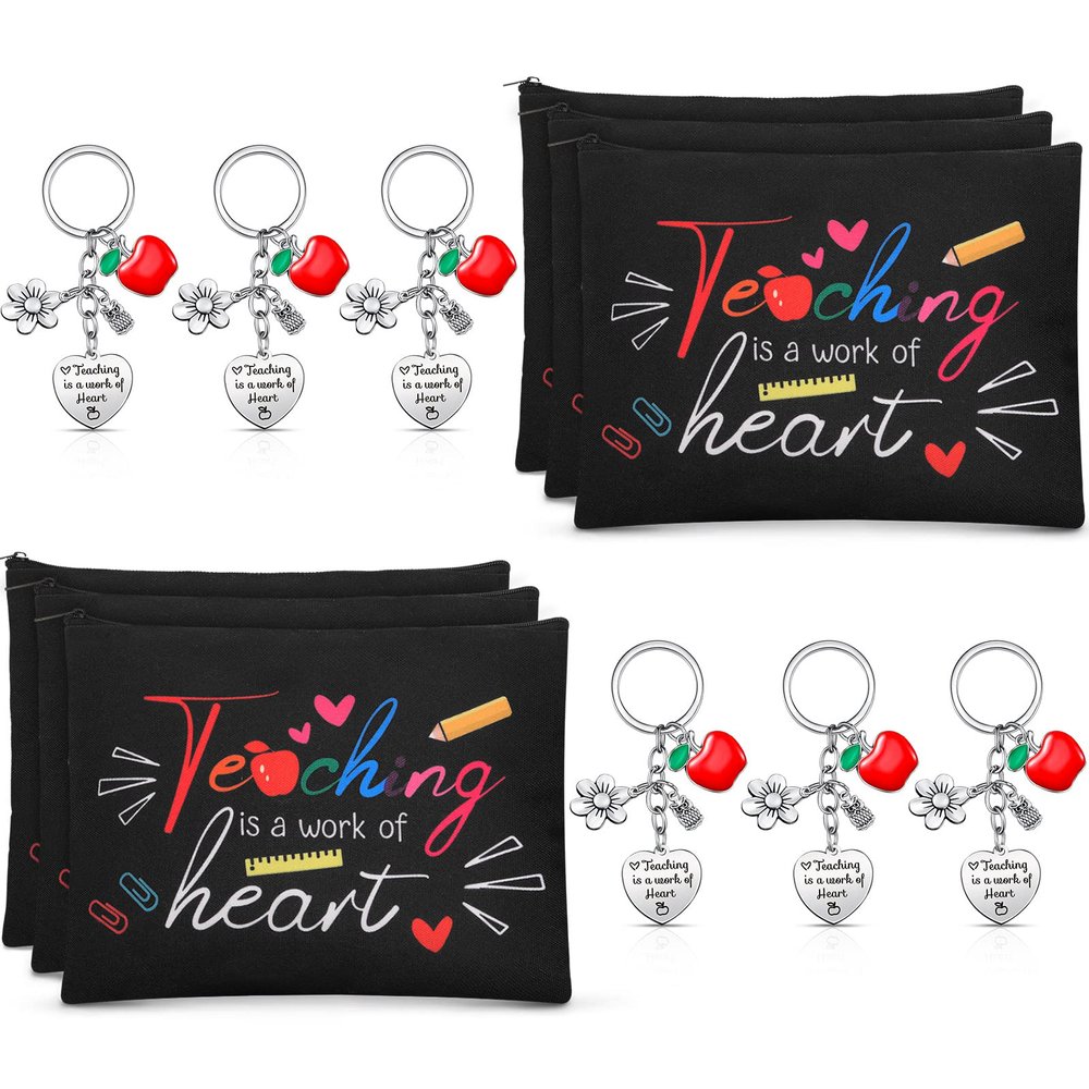 12 Pcs Teacher Appreciation Gift Bulk 6 Makeup Bags Cosmetic Pouch and 6 Keychains Valentines Graduation Gifts for Teacher Women(Black,Fresh Style)