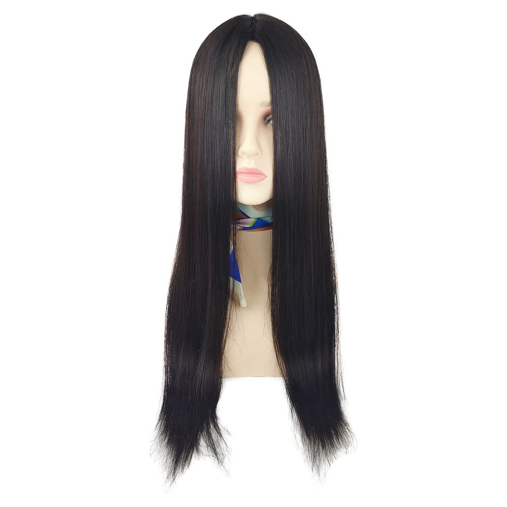 24Inch Silk Skin Base Toupee For Women 15x16cm European Virgin Human Hair Extension Clips In Hair Topper With 2 CM PU Around (20inch, 1B Natural Black)