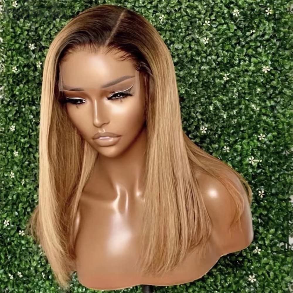 1b/27 Highlight Wig Straight Bob Human Hair Wig Side Part 13x6 HD Transparent Lace Front Wig Ombre Honey Blonde Short Bob Invisible Lace Front Brazilian Human Hair Wig 150% Density Pre Plucked 16inch