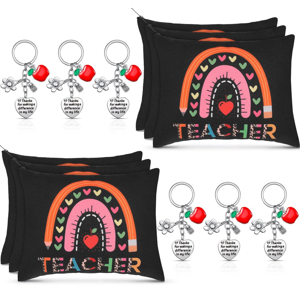 12 Pcs Teacher Appreciation Gift Bulk 6 Makeup Bags Cosmetic Pouch and 6 Keychains Valentines Graduation Gifts for Teacher Women(Rainbow Style)