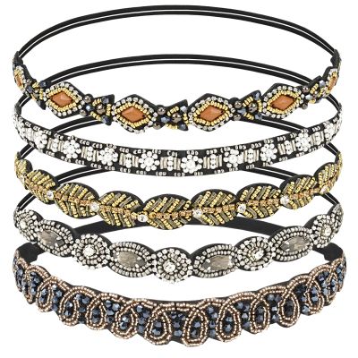 AMCAMI 5-Piece Rhinestone Beaded Hairband Set for Women - Fancy Elastic Headbands with Jeweled Crystal Beads - Handmade Hair Accessories for Women, Girls, and Ladies