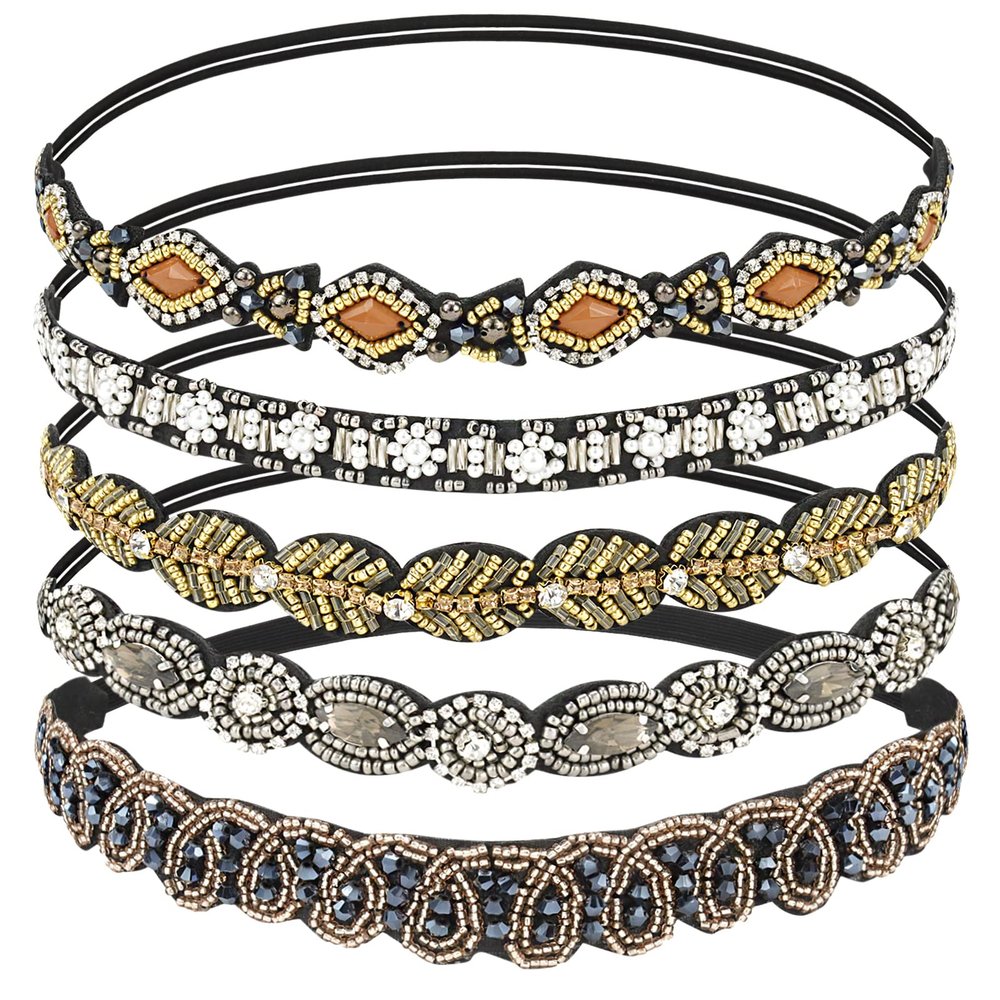 AMCAMI 5-Piece Rhinestone Beaded Hairband Set for Women - Fancy Elastic Headbands with Jeweled Crystal Beads - Handmade Hair Accessories for Women, Girls, and Ladies