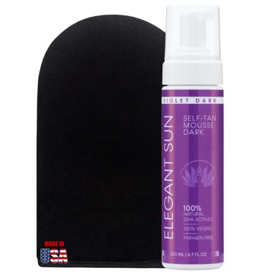 Self Tanner Mousse with Mitt, Violet Dark, Fake Tan Sunless Foam, Flawless Purple Sunless Tanner, Vegan Sunless Tanning Foam, Color Correcting, Paraben free by Elegant Sun