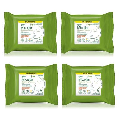 Epielle Micellar Makeup Remover Wipes, Gentle & Hydrating Daily Facial Cleanser Towelettes, Remove Waterproof Mascara, Hypoallergenic & Alcohol-Free, Stocking Stuffers, 30 Count (Pack of 4)