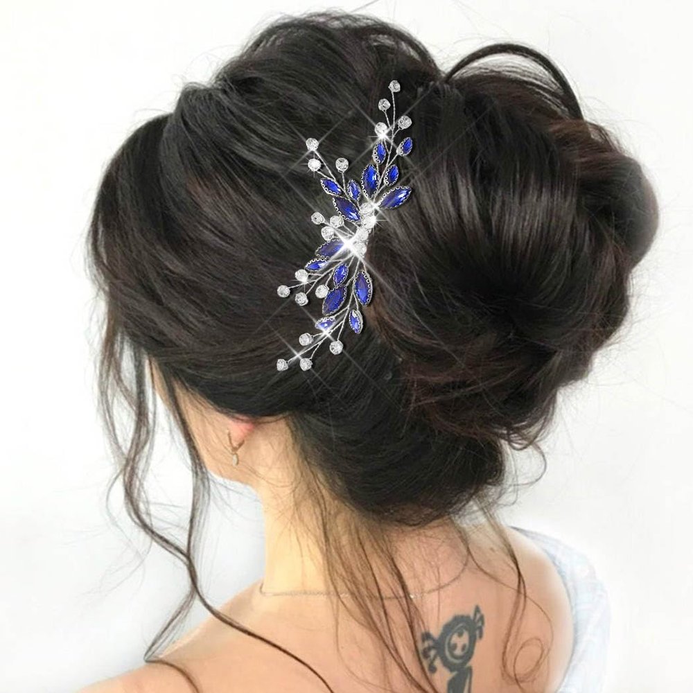 Unicra Bride Silver Wedding Hair Comb Sparkly Crystal Bridal Hair Piece Rhinestone Hair Accessorie for Women and Girls (Blue)