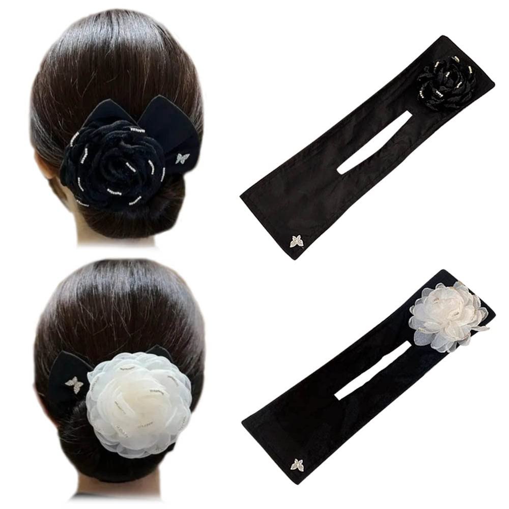 2PCS Hair Maker Cloth Flower Twist Donut Flexible Hair Accessory for French Hairstyle and Styling for Women and Girls, Black and White