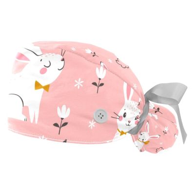 2 Pcs Nurse Scrub Caps Women Long Hair, Rabbit Pink Adjustable Working Cap with Button and Sweatband