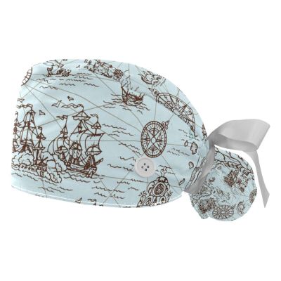 2 Pcs Nurse Scrub Caps Women Long Hair, Nautical Map Adjustable Working Cap with Button and Sweatband Multicoloured
