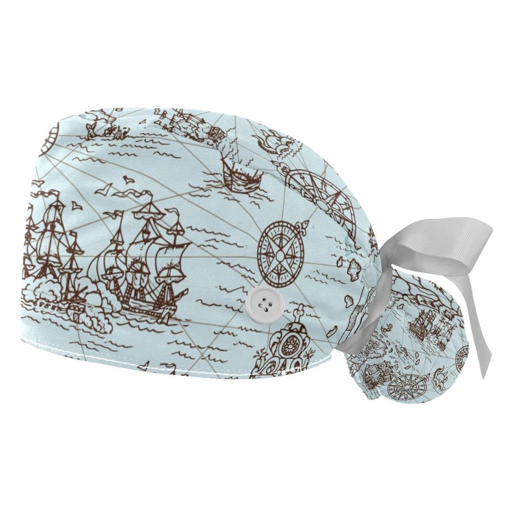 2 Pcs Nurse Scrub Caps Women Long Hair, Nautical Map Adjustable Working Cap with Button and Sweatband Multicoloured