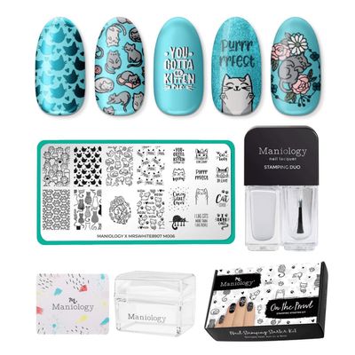 Maniology On the Prowl Nail Stamping Starter Kit | Cat-Themed Nail Art, Playful Kittens, Paw Prints & Whisker Designs DIY Manicures  Includes Stamping Plate, Polish, Top Coat, Stamper & Scraper Card