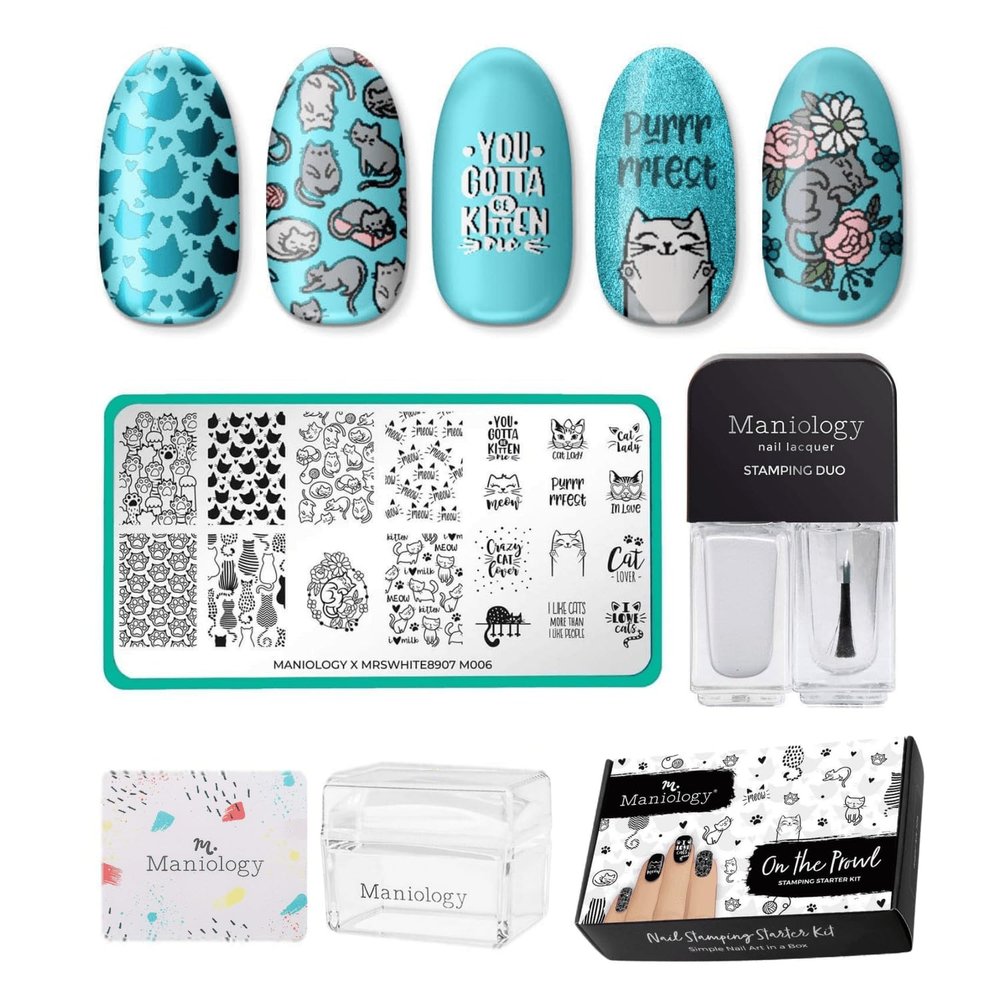 Maniology On the Prowl Nail Stamping Starter Kit | Cat-Themed Nail Art, Playful Kittens, Paw Prints & Whisker Designs DIY Manicures  Includes Stamping Plate, Polish, Top Coat, Stamper & Scraper Card