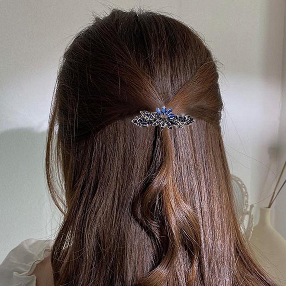 Aneneiceera Blue Crystal Wedding Hair Clip Barrette Molan Rhinestone Black Hair Barrette Clips Bling Bridal Headpieces Head Clip Headwear Crystal Bride Hair Accessories for Women and Girls (Lotus)
