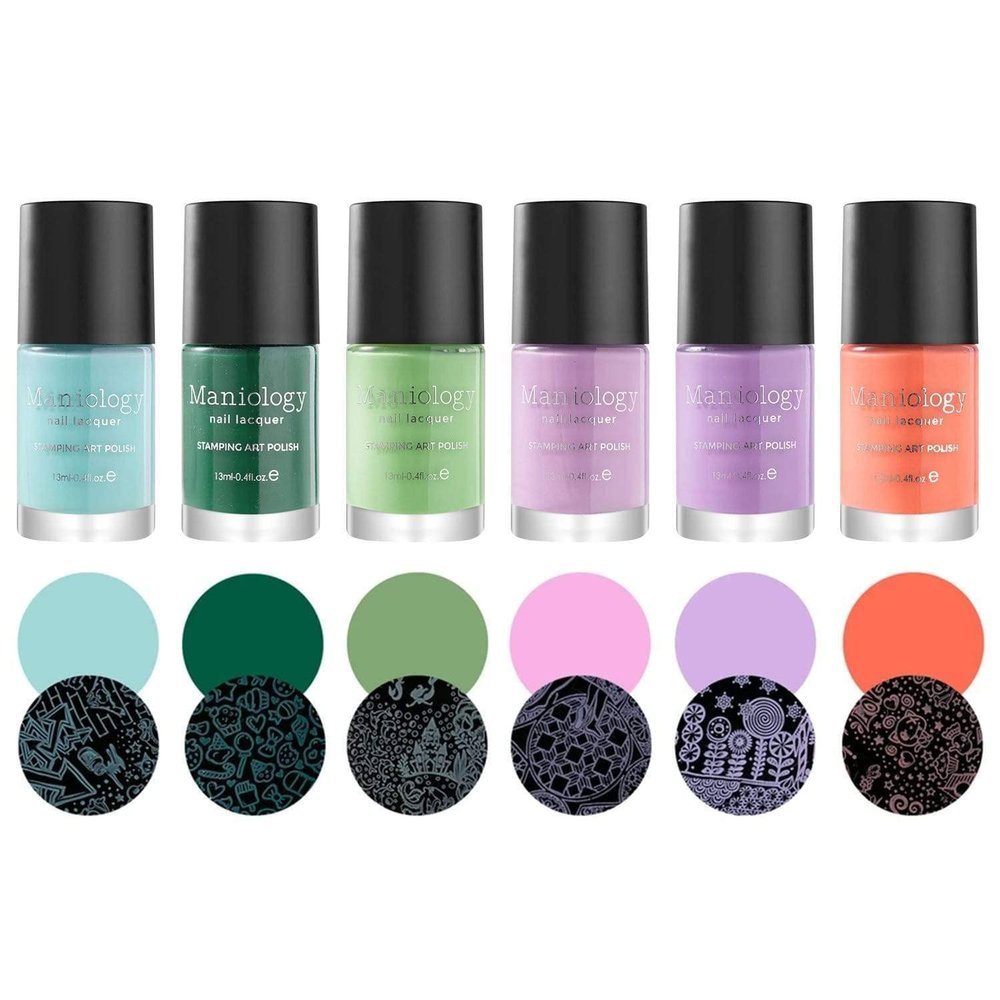 Maniology The Gardener Cream Stamping Polish Set | 6 Garden-Inspired Pastel Colors (Light Purple, Light Orange, Pink, Green, Turquoise, Light Blue)  13ml Nail Art Polish Bottles for DIY Manicures