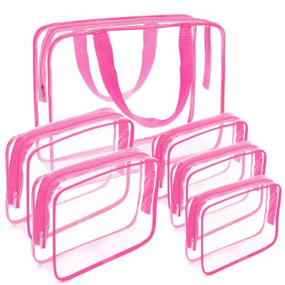 APREUTY Clear Makeup Bags, TSA Approved 6 Pcs Cosmetic Makeup Bags Set Clear PVC with Zipper Handle Portable Travel Luggage Pouch Airport Airline Vacation Organization (Rose Red)