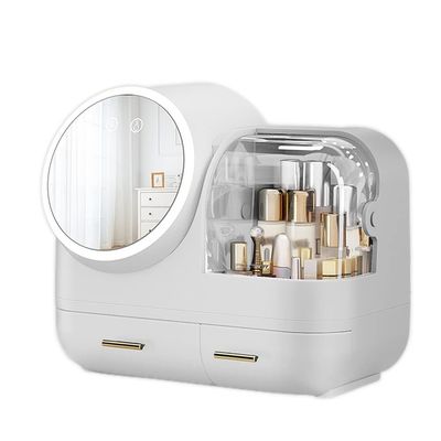 KLZUOPT Exquisite Bathroom Shelves Lipstick Skin Care Product Rack, Makeup Storage Box, with LED Mirror, Adjustable Angle and Light Effect, USB Port Charging (Color : White, Size : with Fan)
