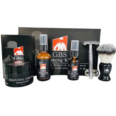 GENTS Complete Shaving Kit Gift Set for Men - Safety Razor with Sandalwood Shave Cream, Aftershave Balm, Pre-Shave Oil & Brush - Chriistmas Gift