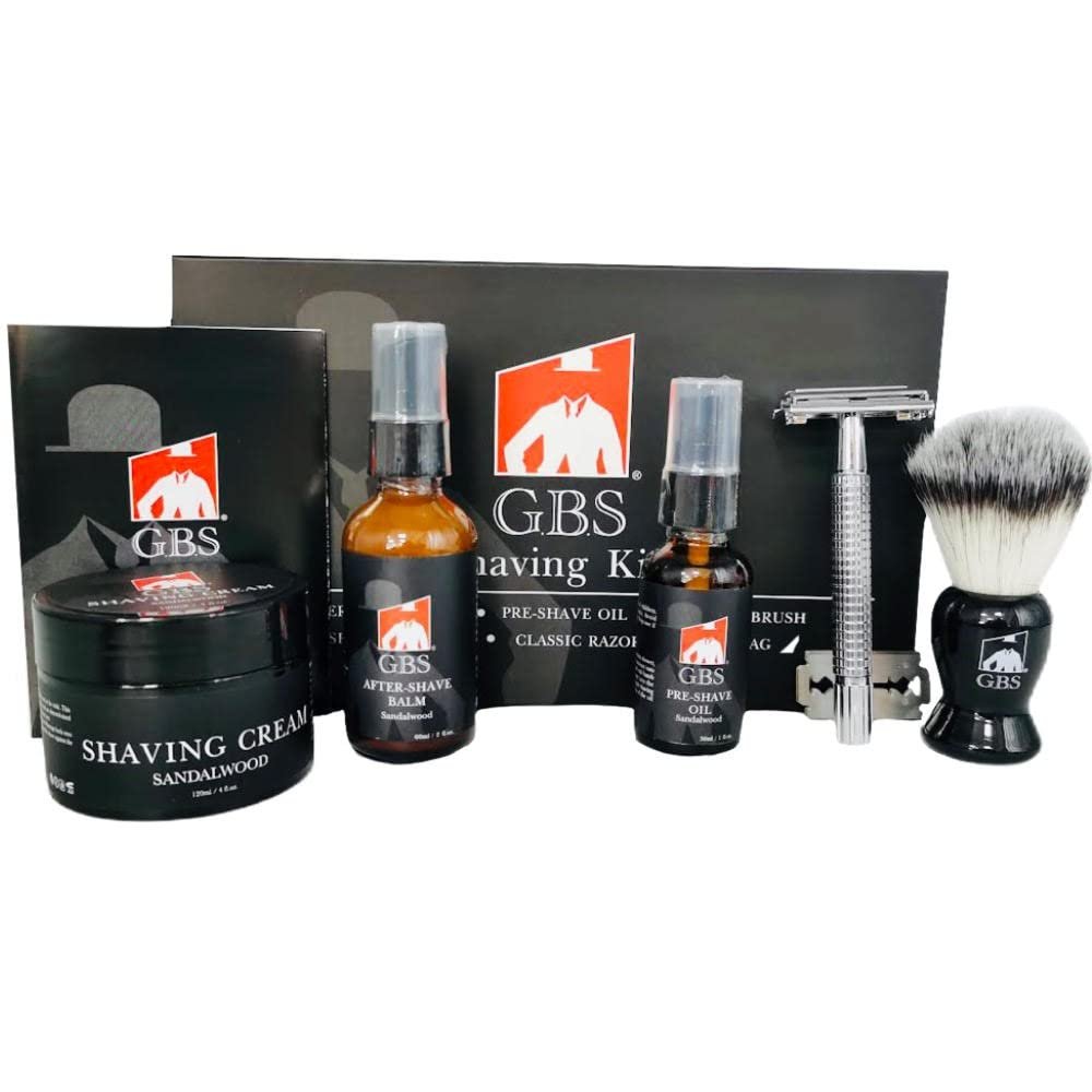 GENTS Complete Shaving Kit Gift Set for Men - Safety Razor with Sandalwood Shave Cream, Aftershave Balm, Pre-Shave Oil & Brush - Chriistmas Gift