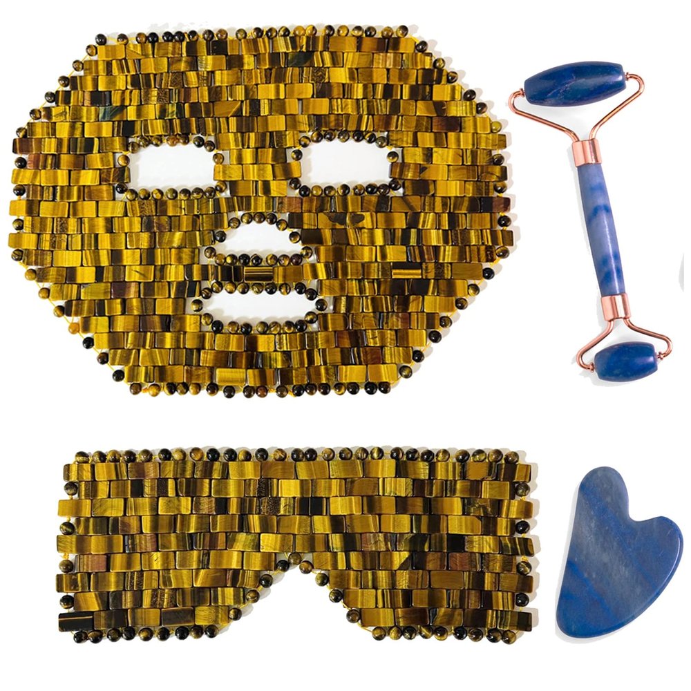 Jade Mask, Tiger's Eye Quartz Face Cold Mask Beauty Skincare Massage Tool Set for Puffy Eyes Tension Stress Relie Relax Spa Yoga Meditation (Color : Tiger Eye Stone, Size : 4 PCS)