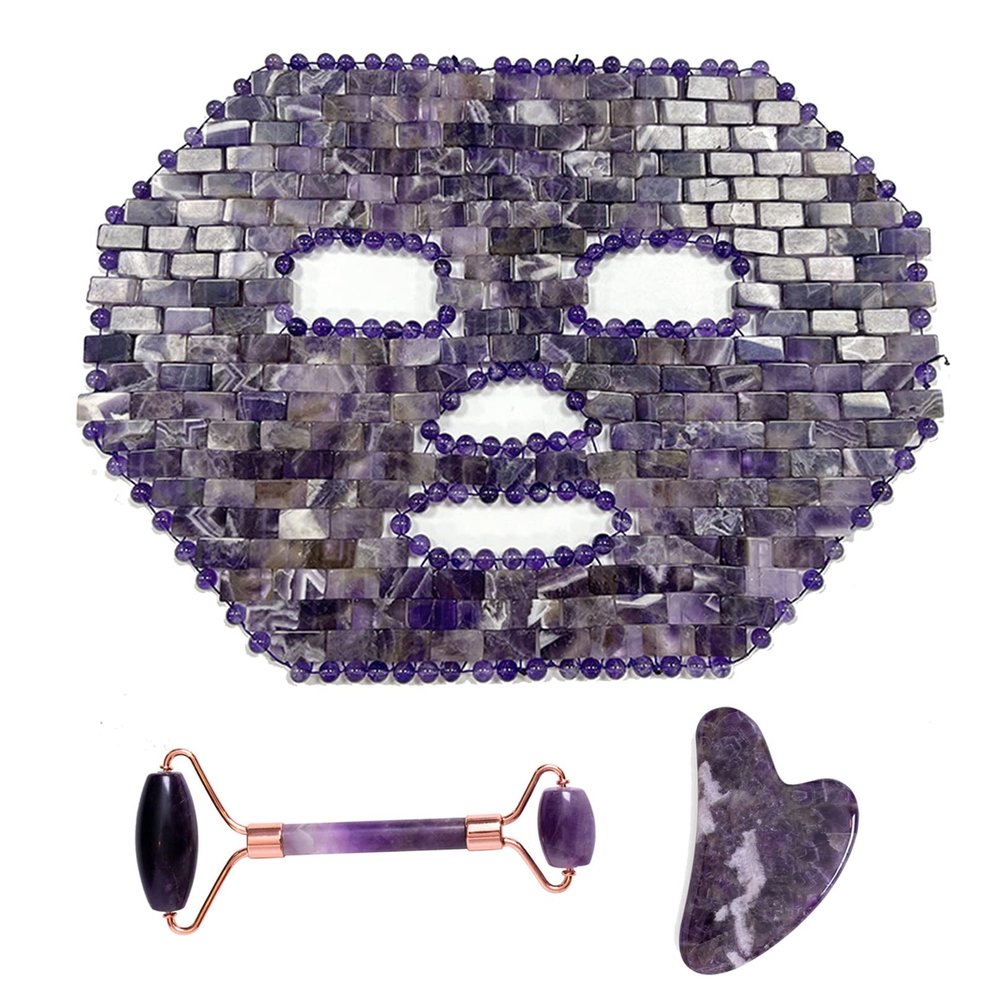 BiiKoon Jade Facial Mask Set Natural Jade Stone Anti-Aging Sleeping Jade Mask with Eye Mask & Jade Roller & Gua Sha Beauty Skincare Massage Tool for Cold Therapy Yoga Meditation